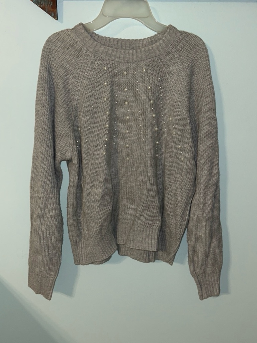 French Connection Gray Crewneck Sweater with Beaded Front